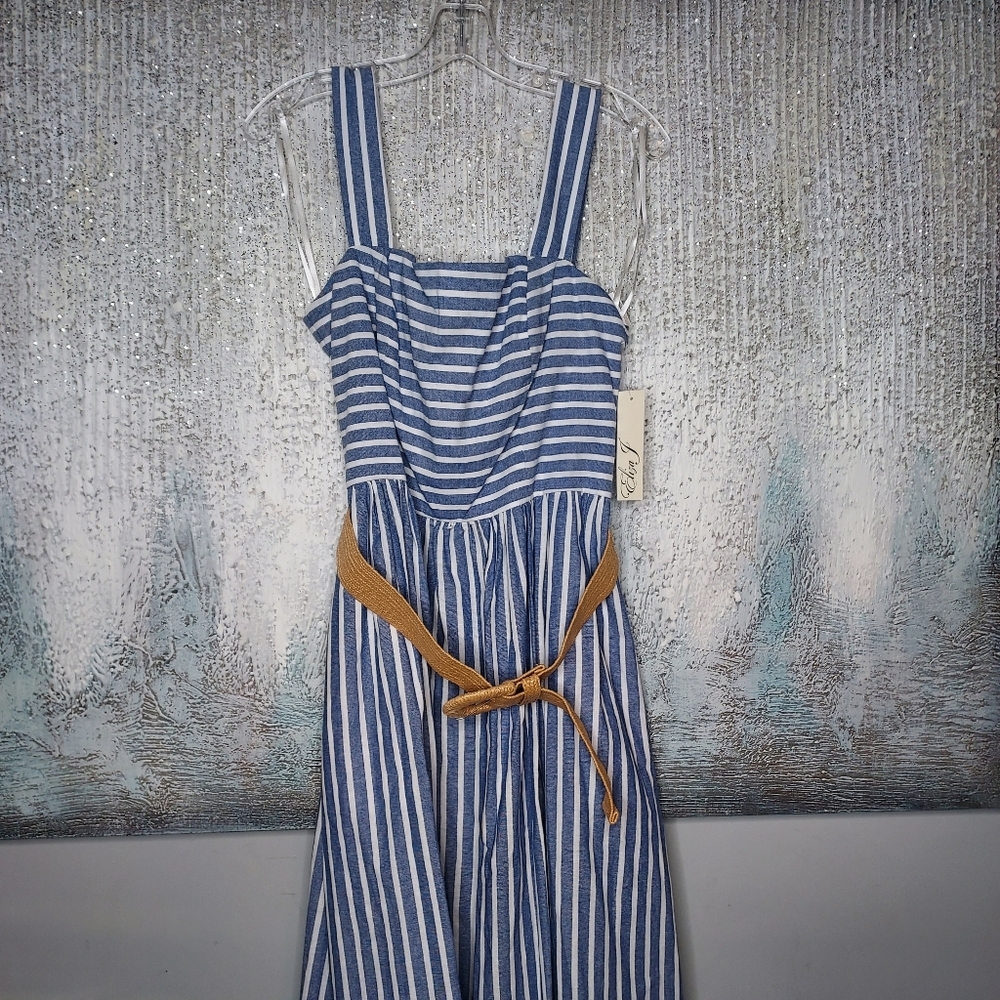 Eliza J Striped Belted Midi  Dres Woven Belt Sz-10 - Picture 3 of 9